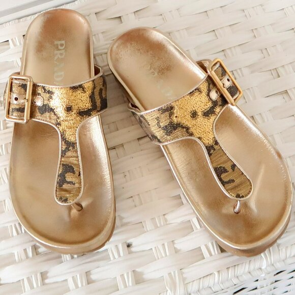 Prada Gold Metallic Leather Thong Slides Mule Sandals Leopard Summer Flats 7.5 - Picture 1 of 16